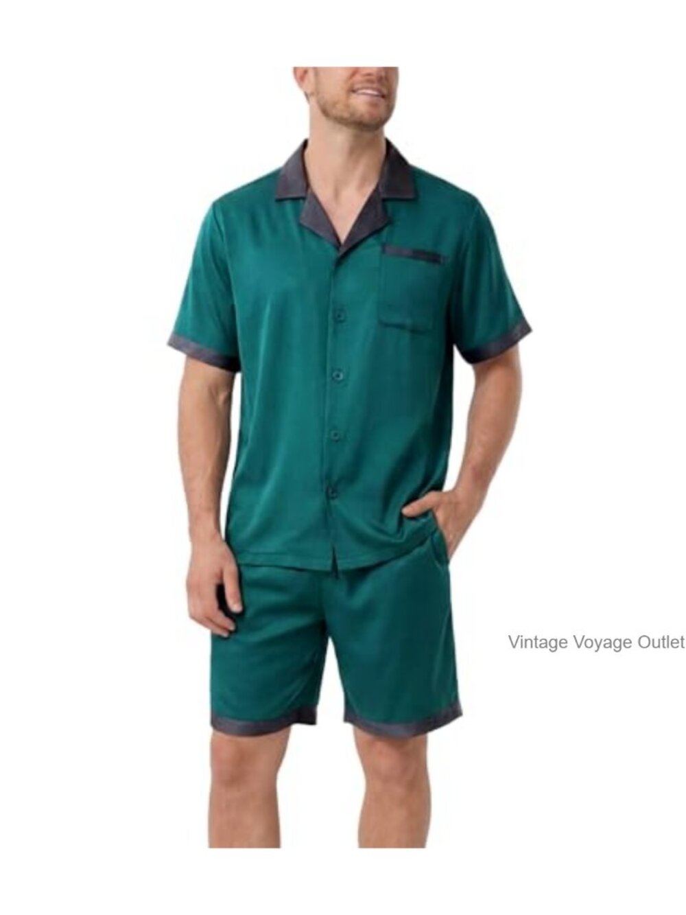 Satin Pajama Set - Short Sleeve - Lightweight Sleepwear with Pockets